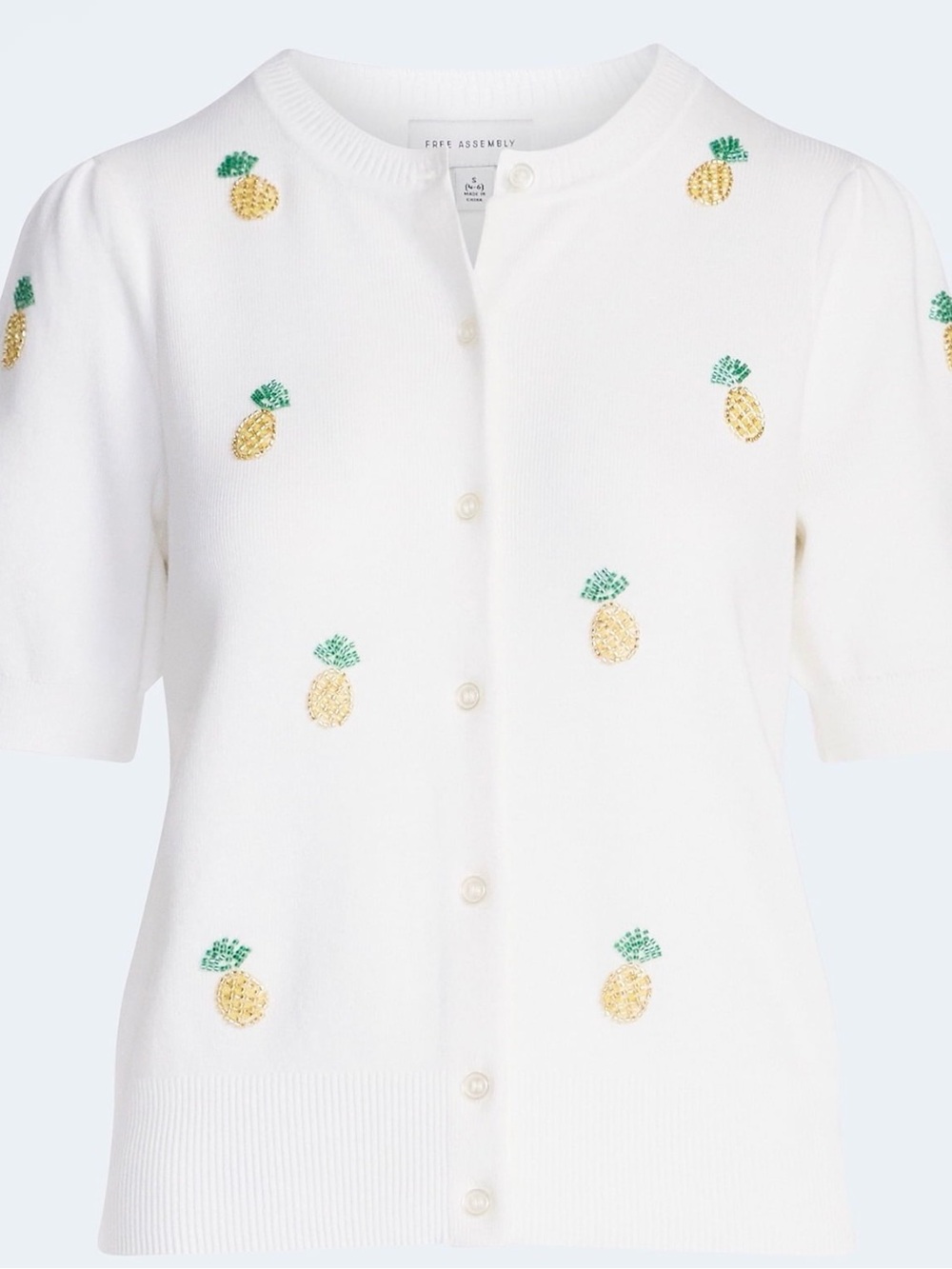 Frame Assembly White Pineapple-Embroidered Short Sleeve Cardigan